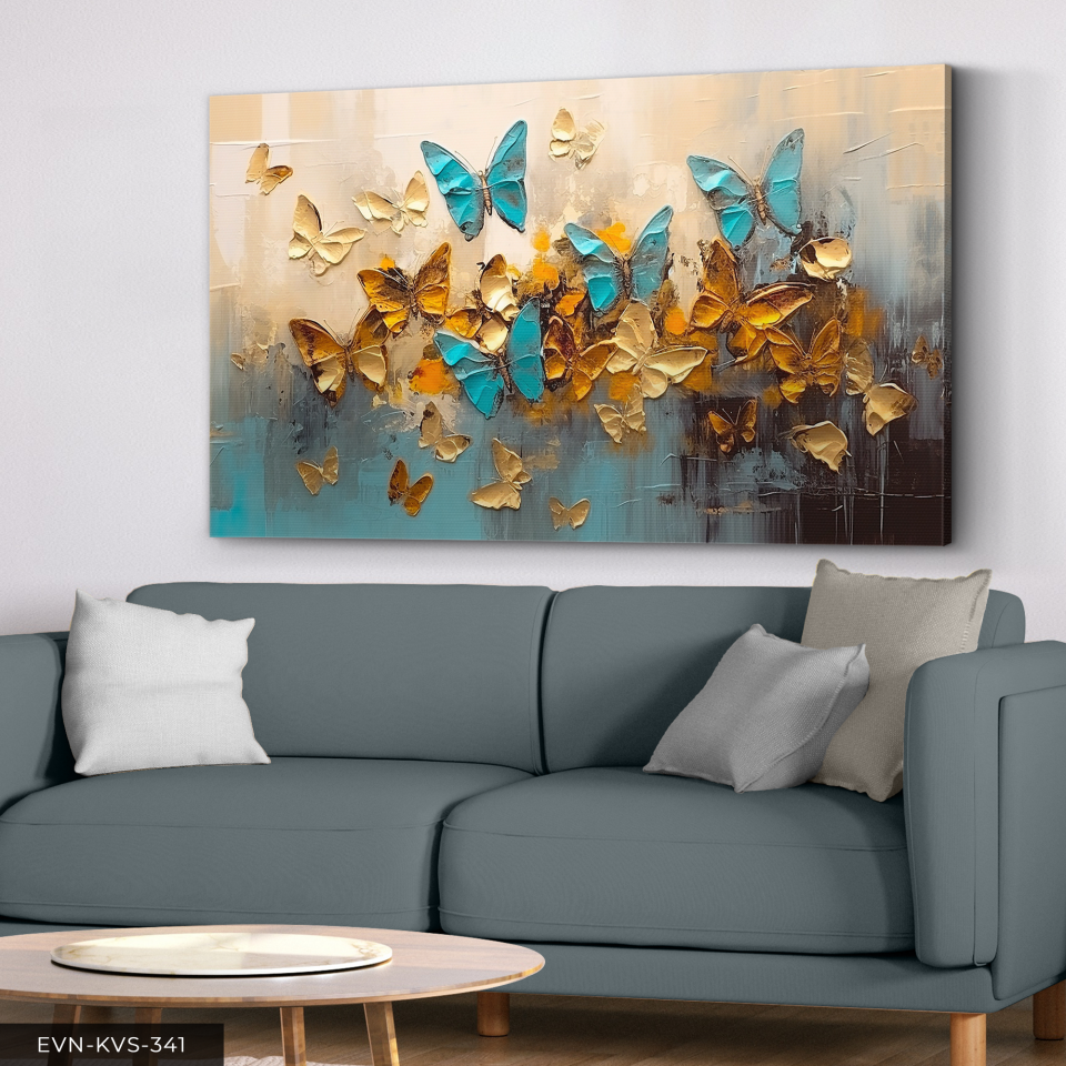 Mavi Kelebekler Gold Arkaplan Detaylı Tek Parça Kanvas - Canvas Tablo 140 x 90 CM - Çok Renkli