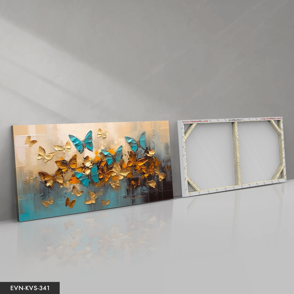 Mavi Kelebekler Gold Arkaplan Detaylı Tek Parça Kanvas - Canvas Tablo 140 x 90 CM - Çok Renkli