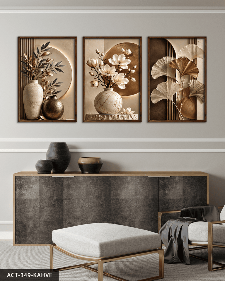 Kahve Yapraklar ve Vazoda Beyaz Çiçek 3 Parça Ahşap Çerçeveli Tablo ACT Kahverengi - 40 x 60 CM