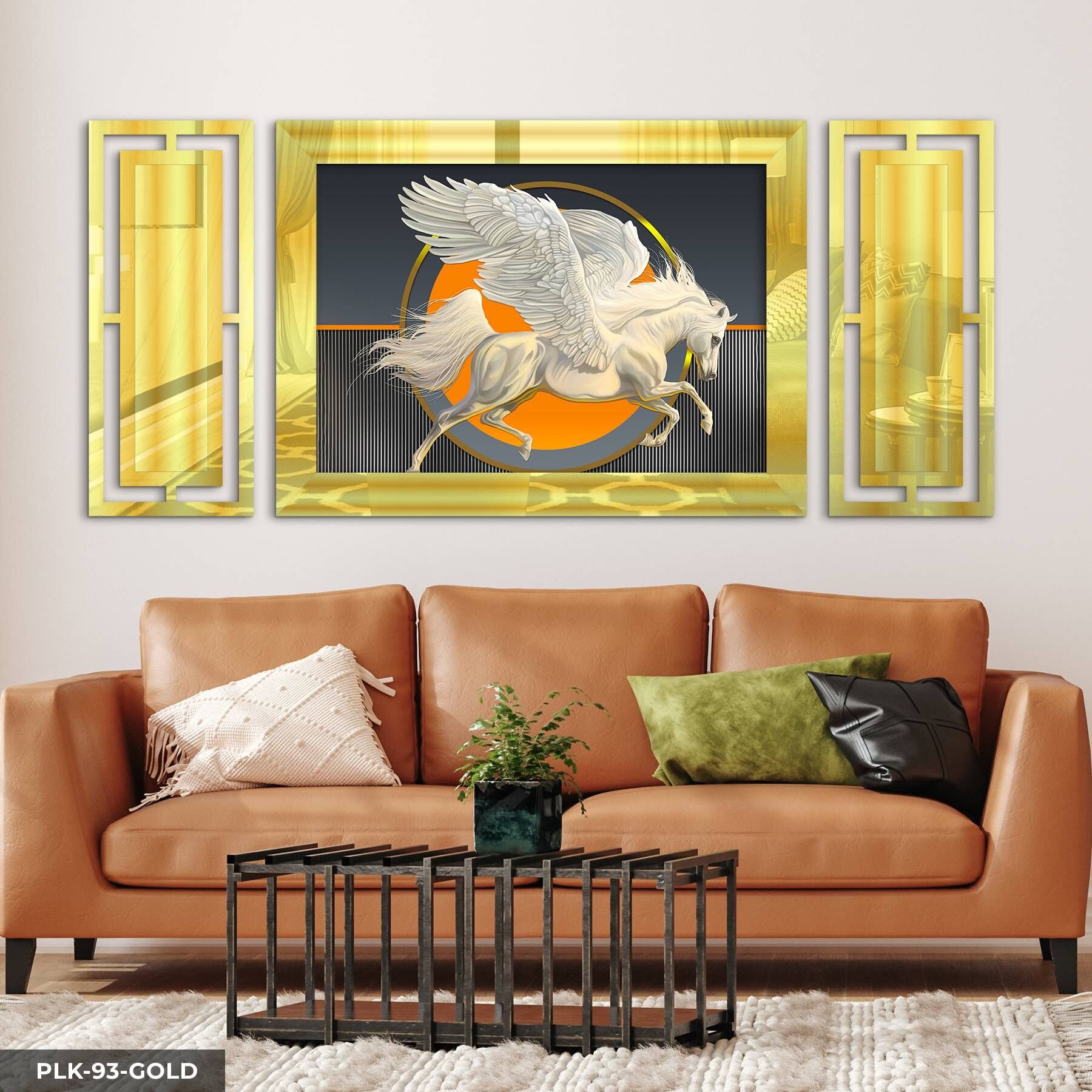 Kanatlı At Yan Dekorlu 3 Parça Pleksi Tablo DKRPLK 130 x 25 CM - Gold