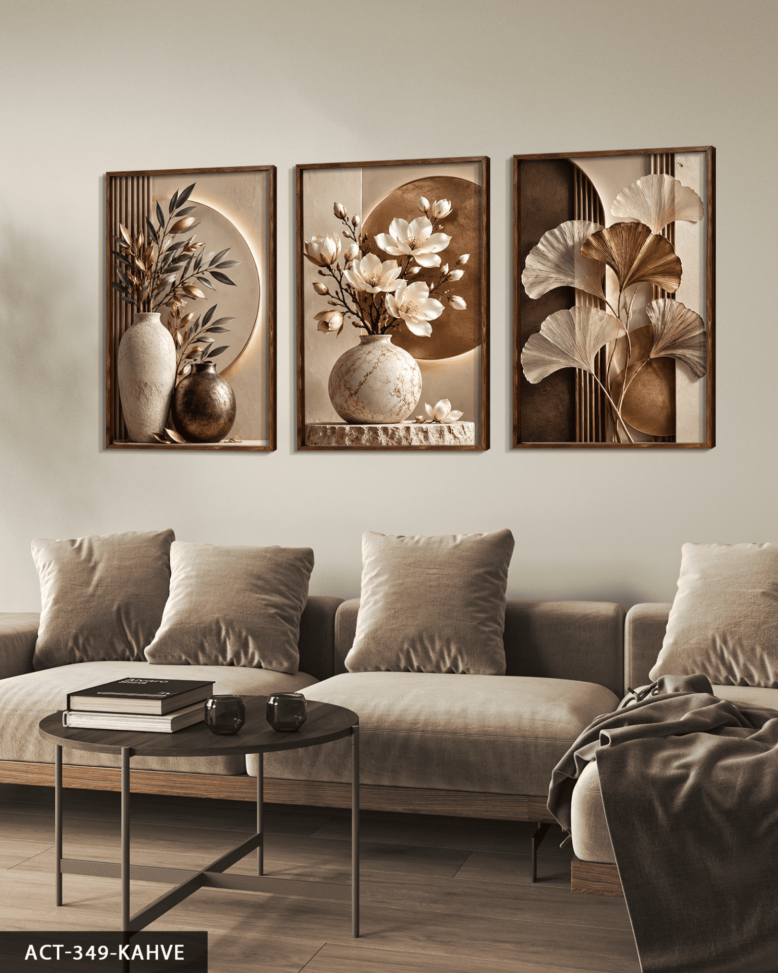 Kahve Yapraklar ve Vazoda Beyaz Çiçek 3 Parça Ahşap Çerçeveli Tablo ACT Kahverengi - 50 x 70 CM