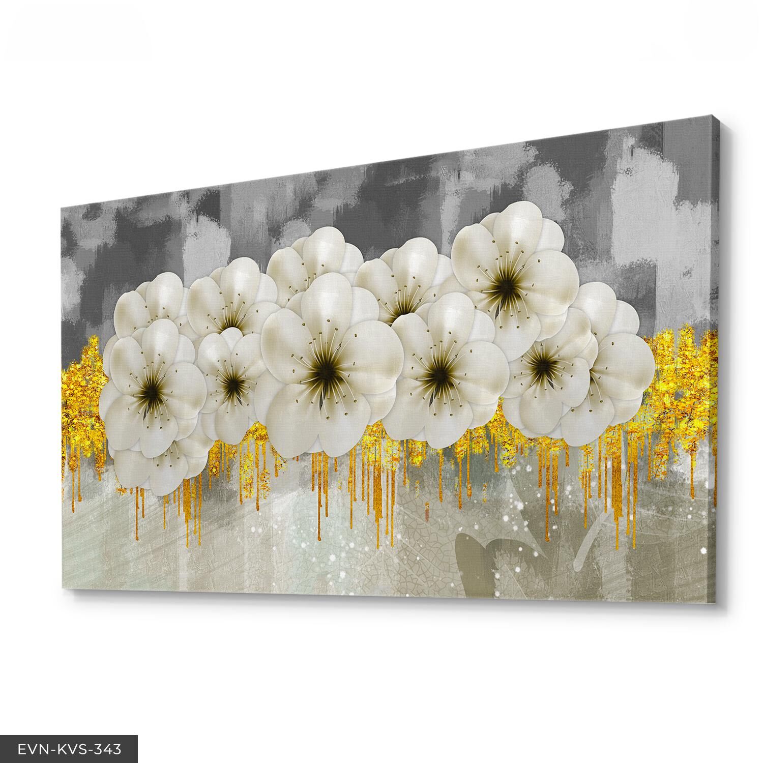 Modern Çiçek Desenli Altın ve Beyaz Tablo - Minimalist Duvar Dekoru Tek Parça Kanvas - Canvas Tablo