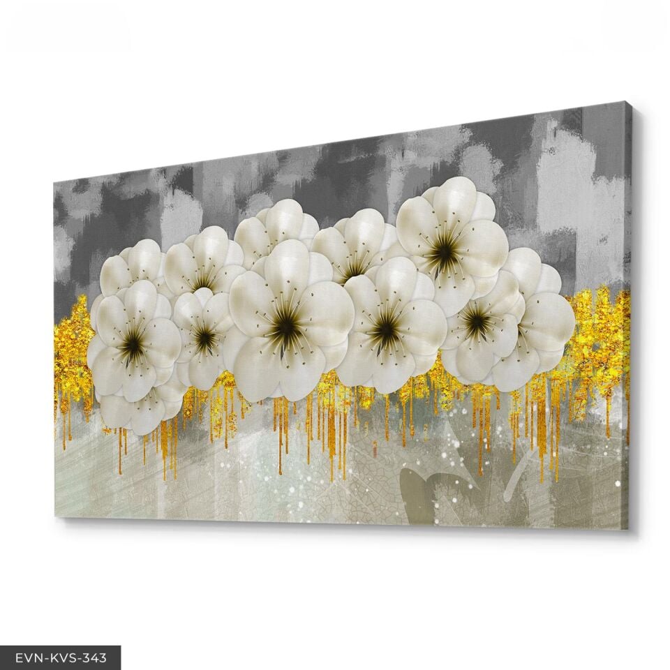 Modern Çiçek Desenli Altın ve Beyaz Tablo - Minimalist Duvar Dekoru Tek Parça Kanvas - Canvas Tablo