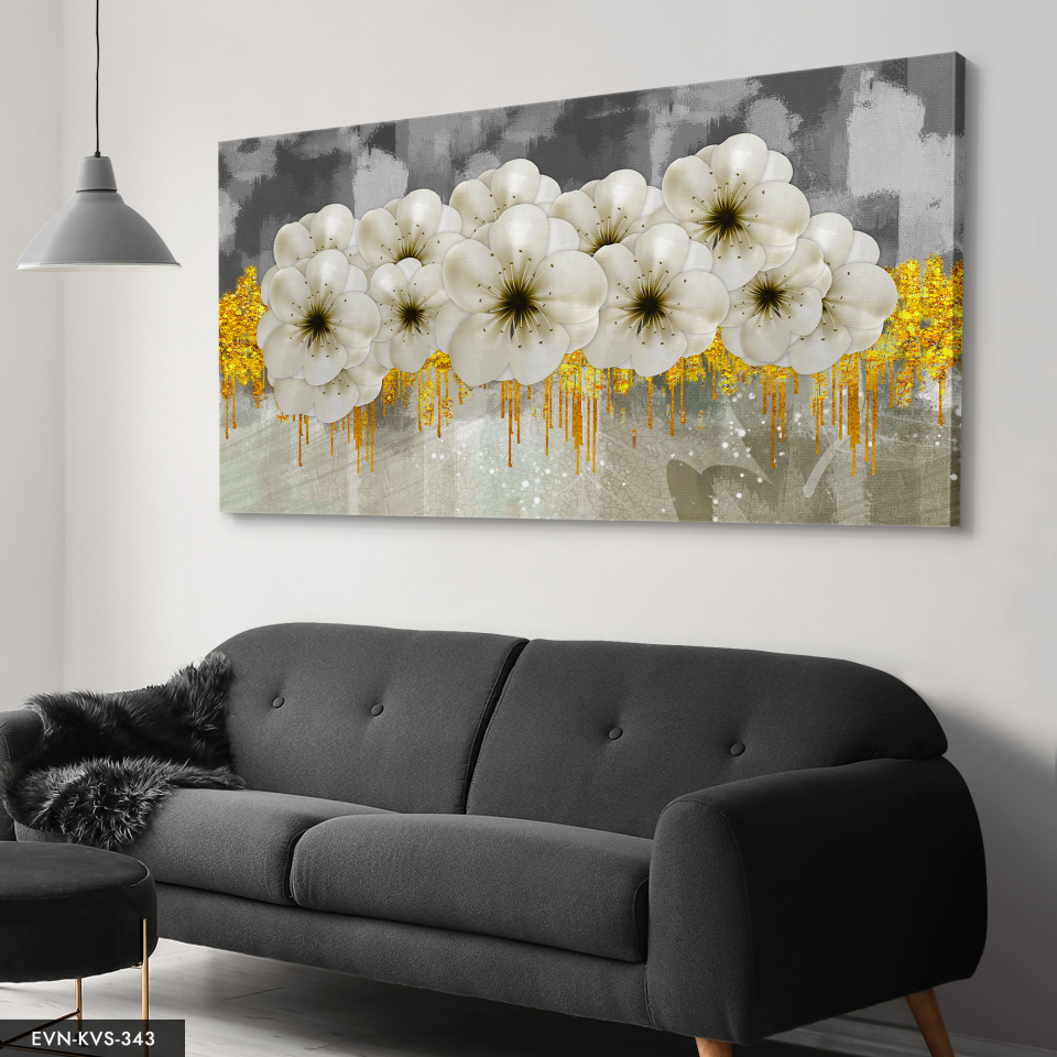 Modern Çiçek Desenli Altın ve Beyaz Tablo - Minimalist Duvar Dekoru Tek Parça Kanvas - Canvas Tablo 40 x 30 CM - Çok Renkli