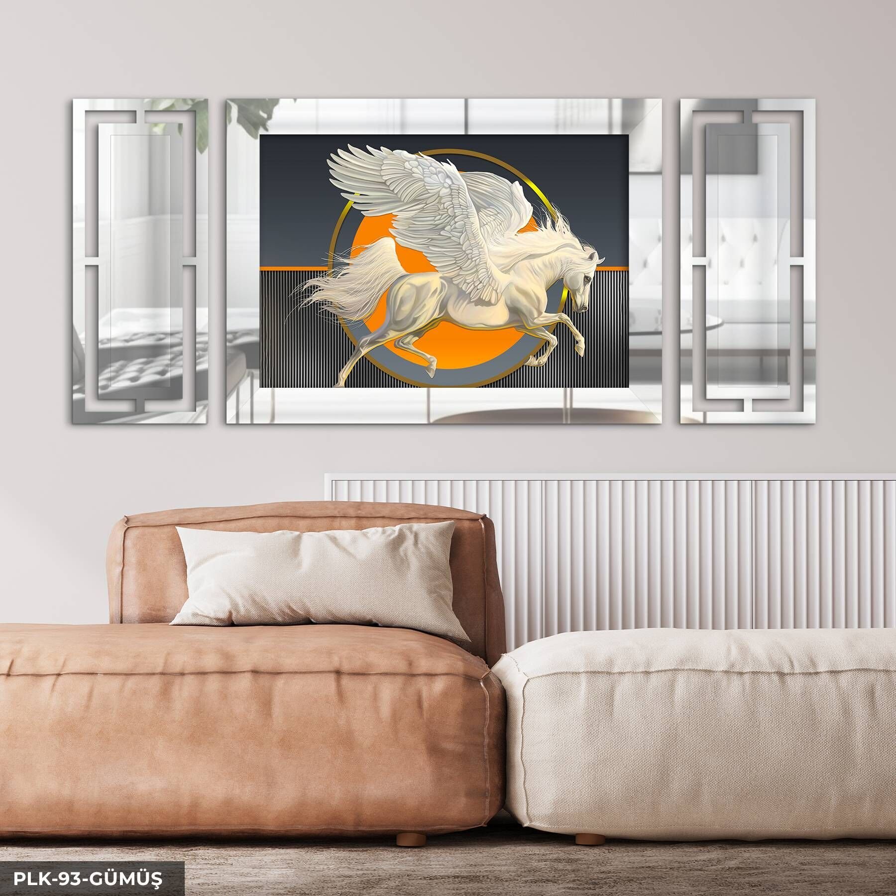 Kanatlı At Yan Dekorlu 3 Parça Pleksi Tablo DKRPLK 130 x 25 CM - Gümüş