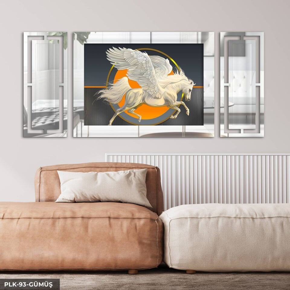 Kanatlı At Yan Dekorlu 3 Parça Pleksi Tablo DKRPLK 130 x 25 CM - Gümüş