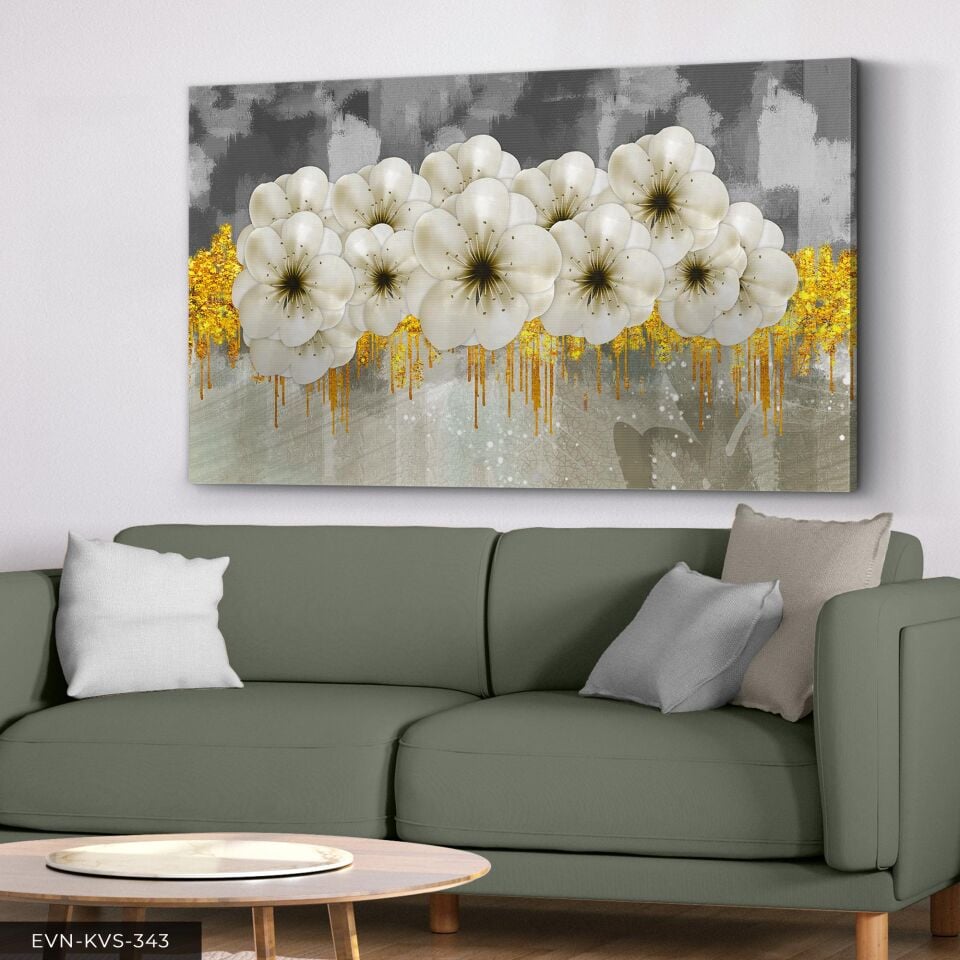 Modern Çiçek Desenli Altın ve Beyaz Tablo - Minimalist Duvar Dekoru Tek Parça Kanvas - Canvas Tablo