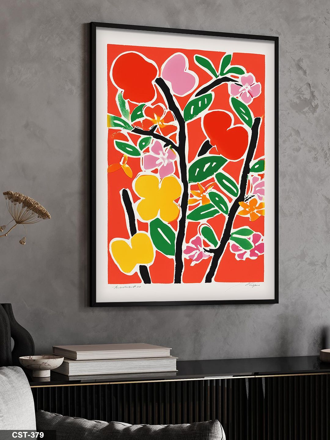 Kırmızı Zeminde Çiçek Tek Parça Ahşap Çerçeveli Tablo Siyah - 30 x 40 CM