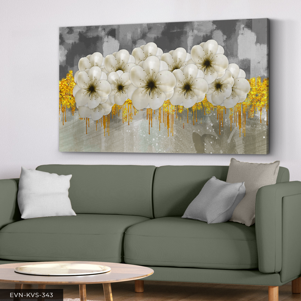 Modern Çiçek Desenli Altın ve Beyaz Tablo - Minimalist Duvar Dekoru Tek Parça Kanvas - Canvas Tablo 40 x 30 CM - Çok Renkli