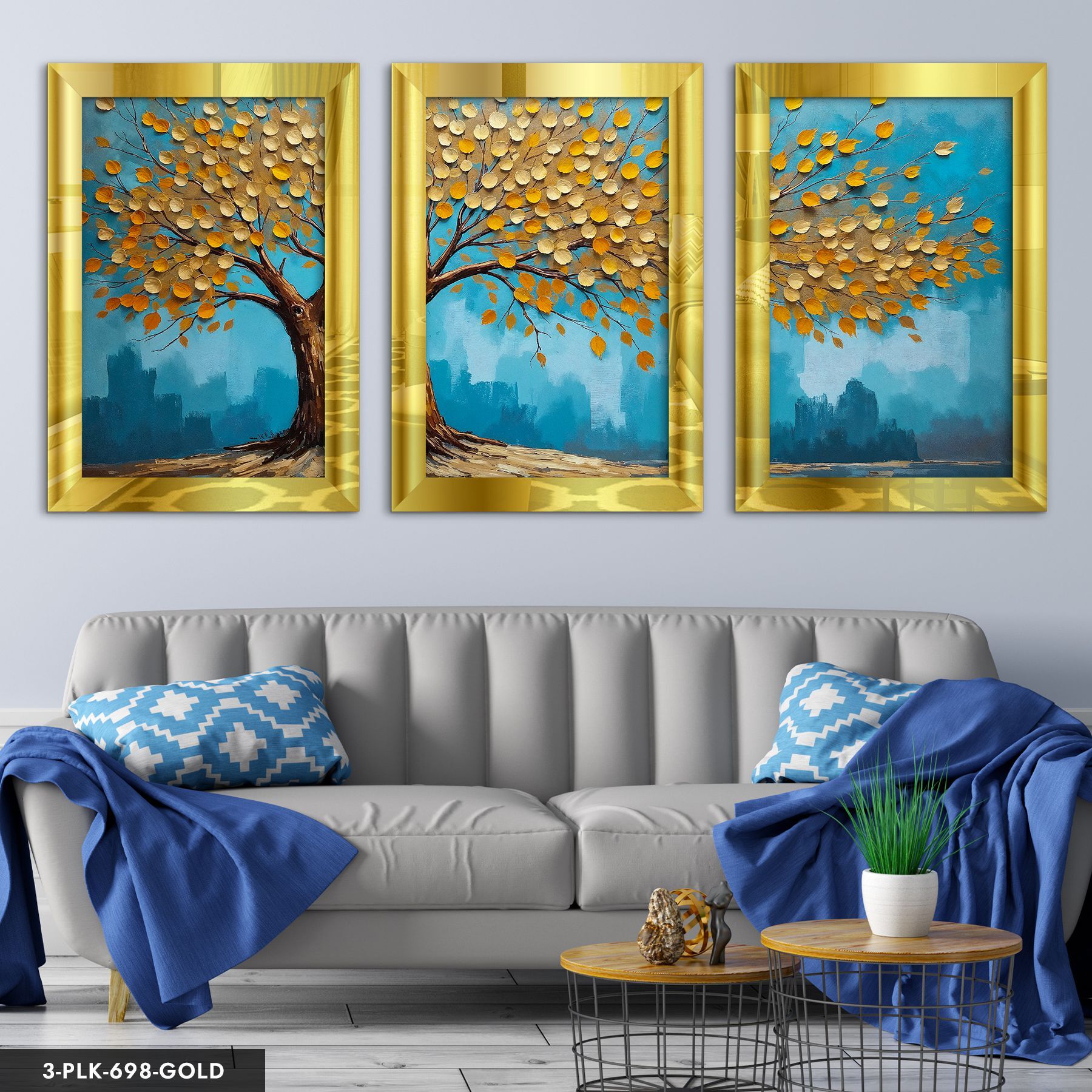 Gold Çiçekli Ağaç 3 Parça Pleksi Aynalı Tablo 50 x 70 CM - Gold