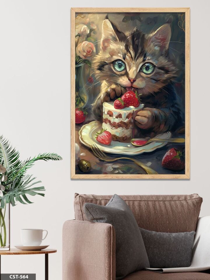 Pasta Yiyen Kedi Tek Parça Ahşap Çerçeveli Tablo Naturel - 50 x 70 CM