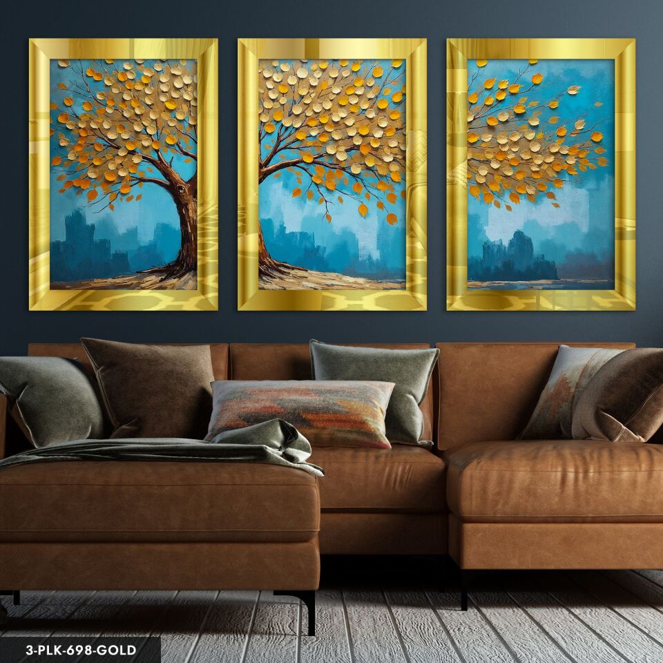 Gold Çiçekli Ağaç 3 Parça Pleksi Aynalı Tablo 50 x 70 CM - Gold