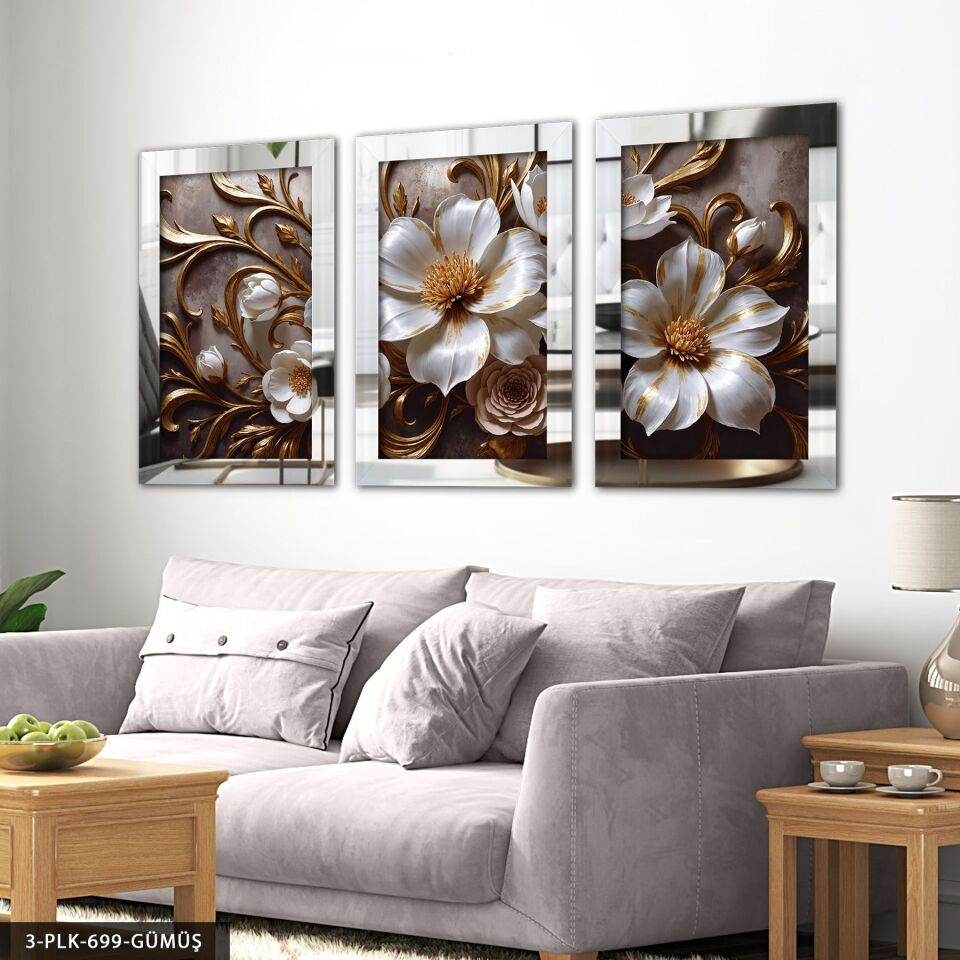 Gold Detaylı Beyaz Çiçek 3 Parça Pleksi Aynalı Tablo 50 x 70 CM - Gümüş