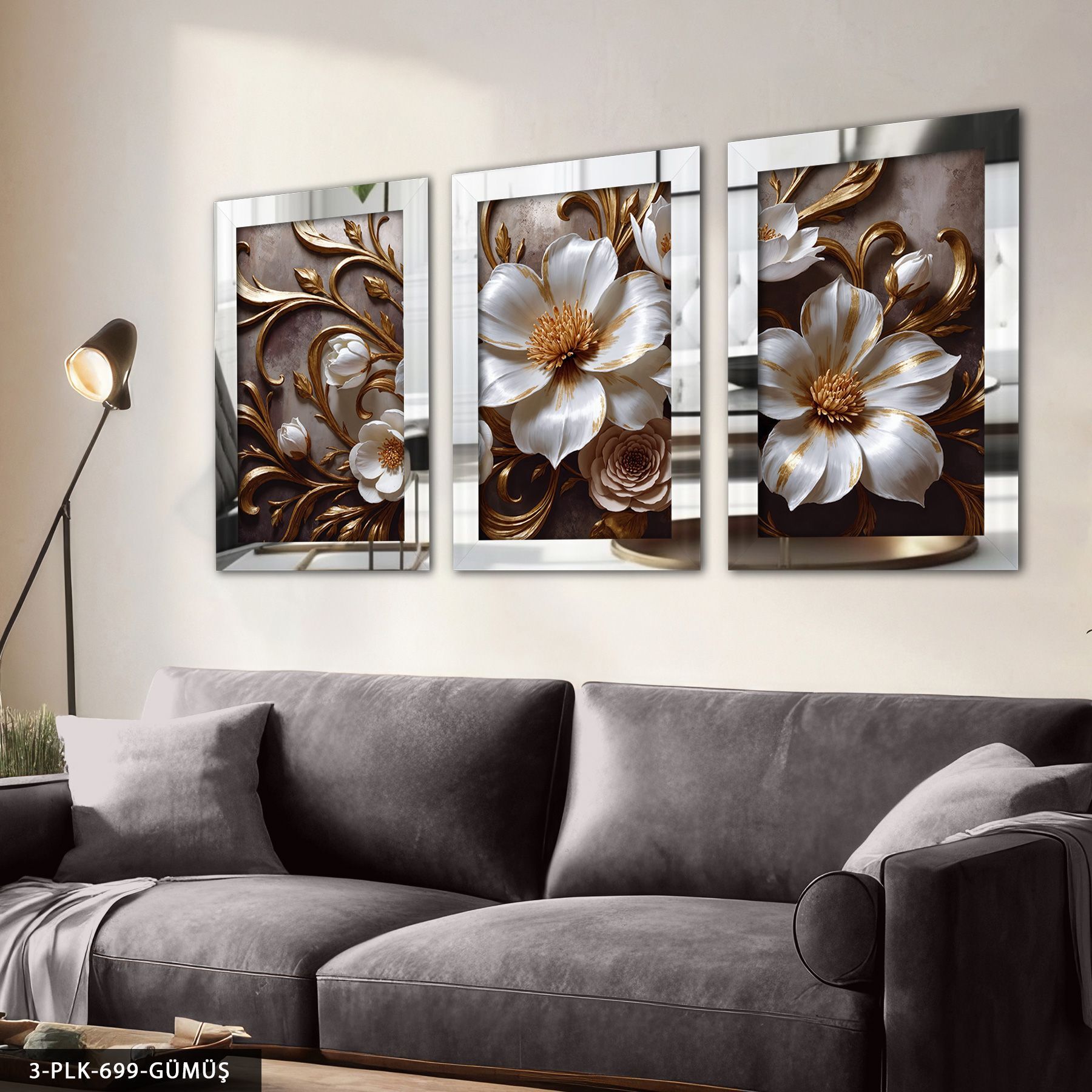 Gold Detaylı Beyaz Çiçek 3 Parça Pleksi Aynalı Tablo 50 x 70 CM - Gümüş