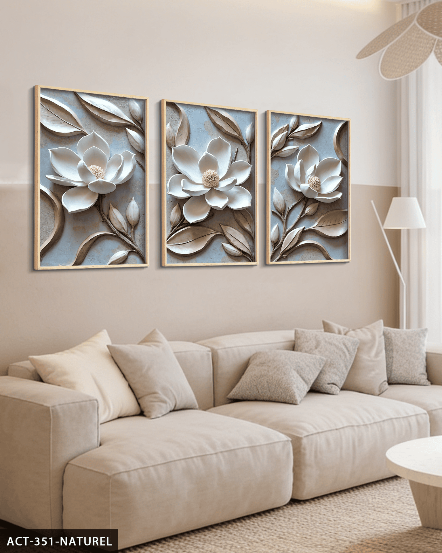 Dokulu Görünüm Beyaz Çiçek 3 Parça Ahşap Çerçeveli Tablo ACT Naturel - 30 x 40 CM