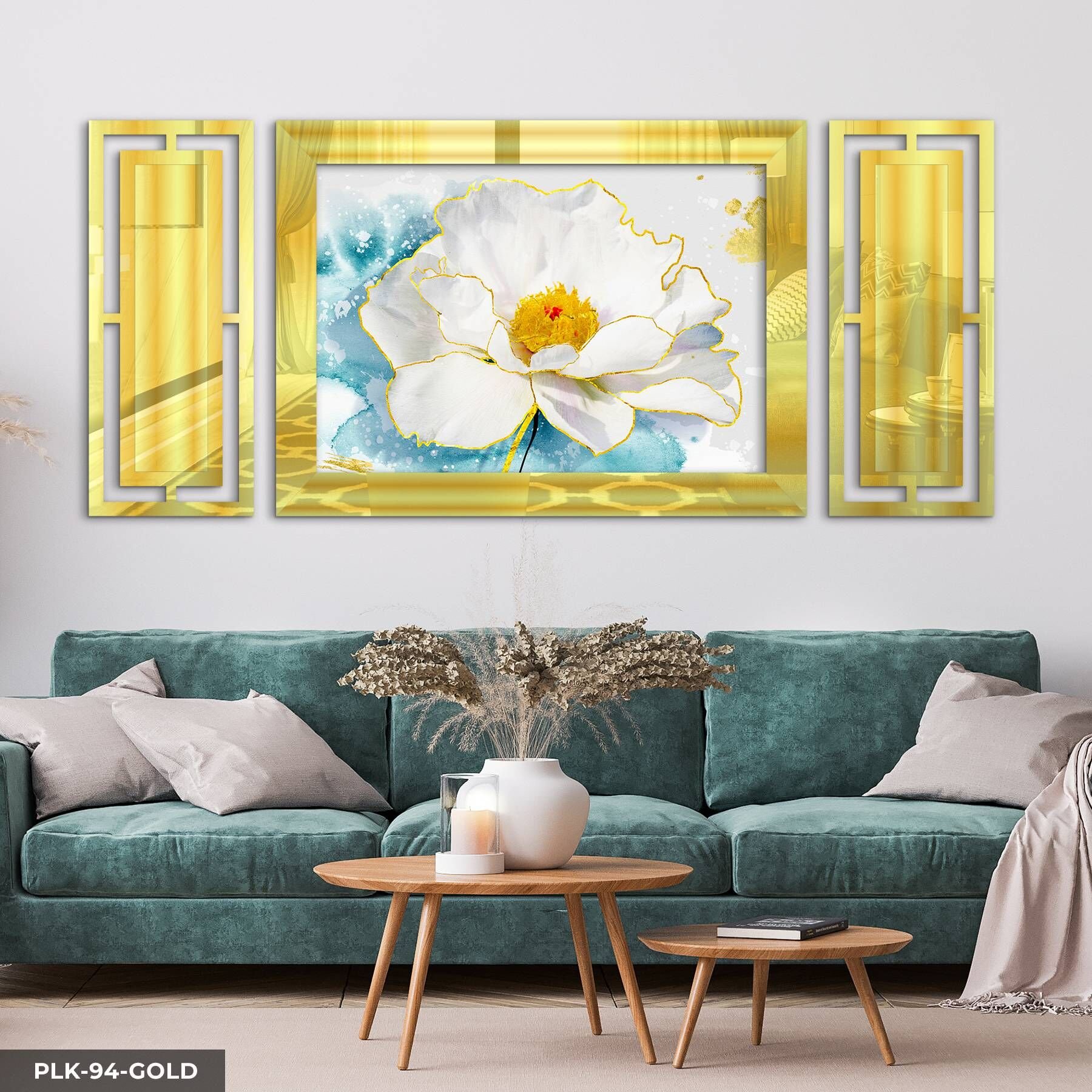 Sulu Boya Görünümlü Beyaz Çiçek Yan Dekorlu 3 Parça Pleksi Tablo DKRPLK 130 x 25 CM - Gold