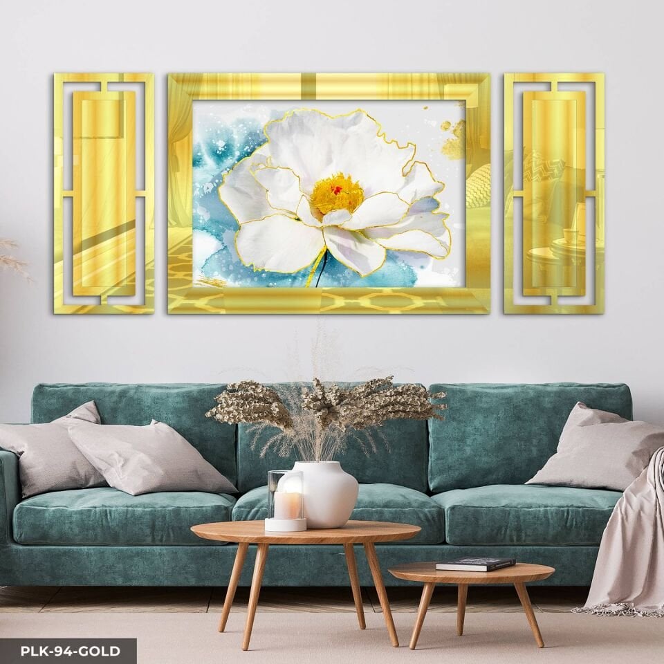 Sulu Boya Görünümlü Beyaz Çiçek Yan Dekorlu 3 Parça Pleksi Tablo DKRPLK 130 x 25 CM - Gold