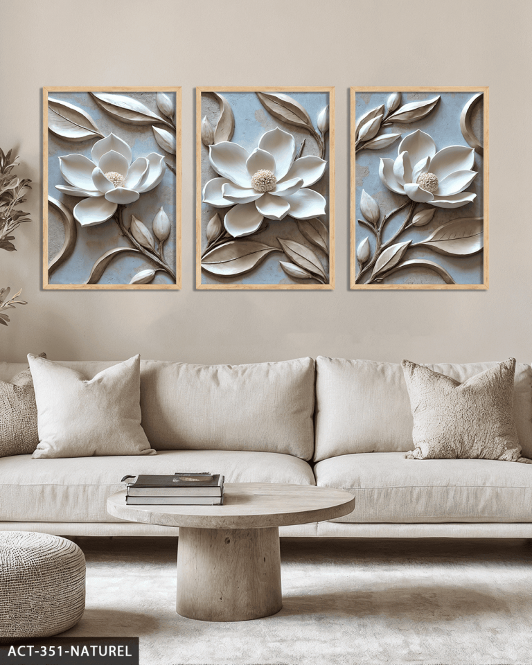 Dokulu Görünüm Beyaz Çiçek 3 Parça Ahşap Çerçeveli Tablo ACT Naturel - 40 x 60 CM