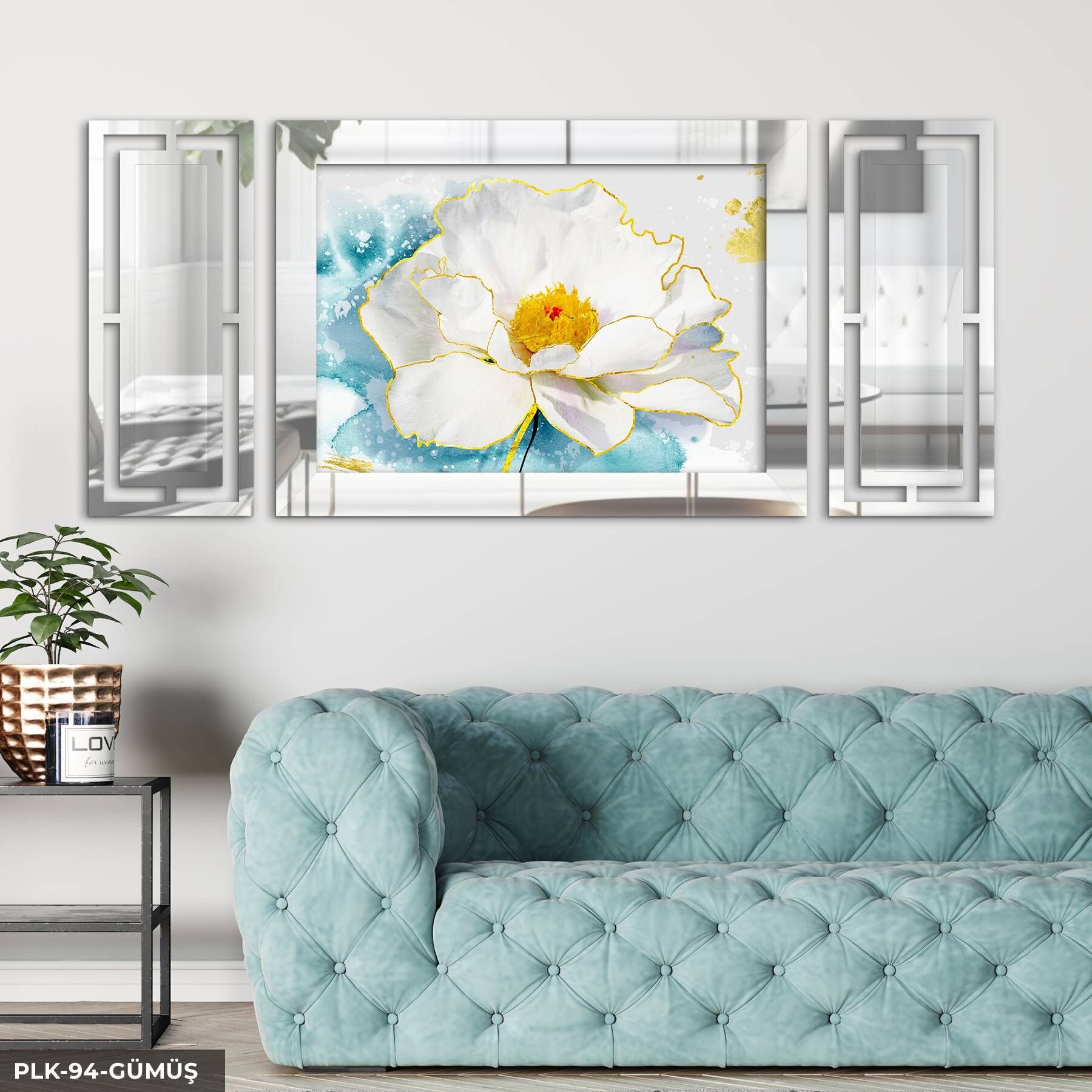 Sulu Boya Görünümlü Beyaz Çiçek Yan Dekorlu 3 Parça Pleksi Tablo DKRPLK 130 x 25 CM - Gümüş