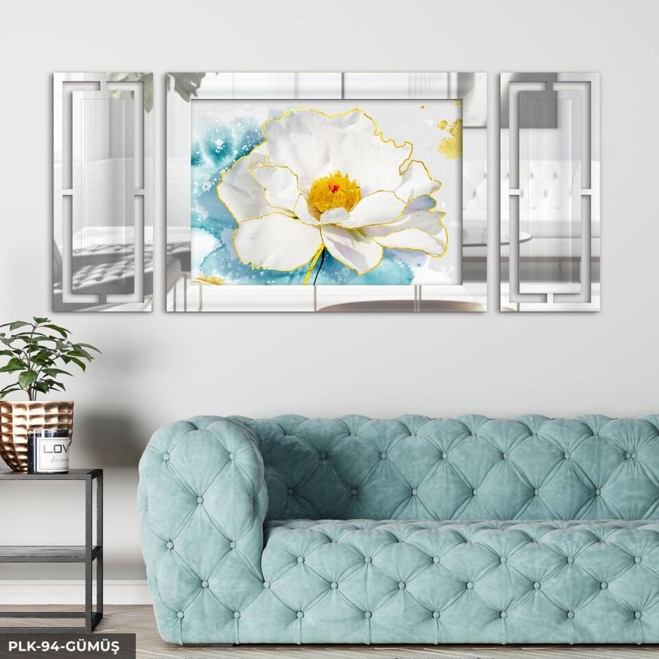 Sulu Boya Görünümlü Beyaz Çiçek Yan Dekorlu 3 Parça Pleksi Tablo DKRPLK 130 x 25 CM - Gümüş