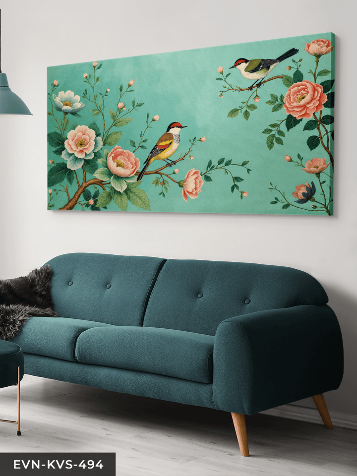 Yağlı Boya Görünümlü Güller ve Kuşlar Tek Parça Kanvas - Canvas Tablo 65 x 45 CM - Çok Renkli