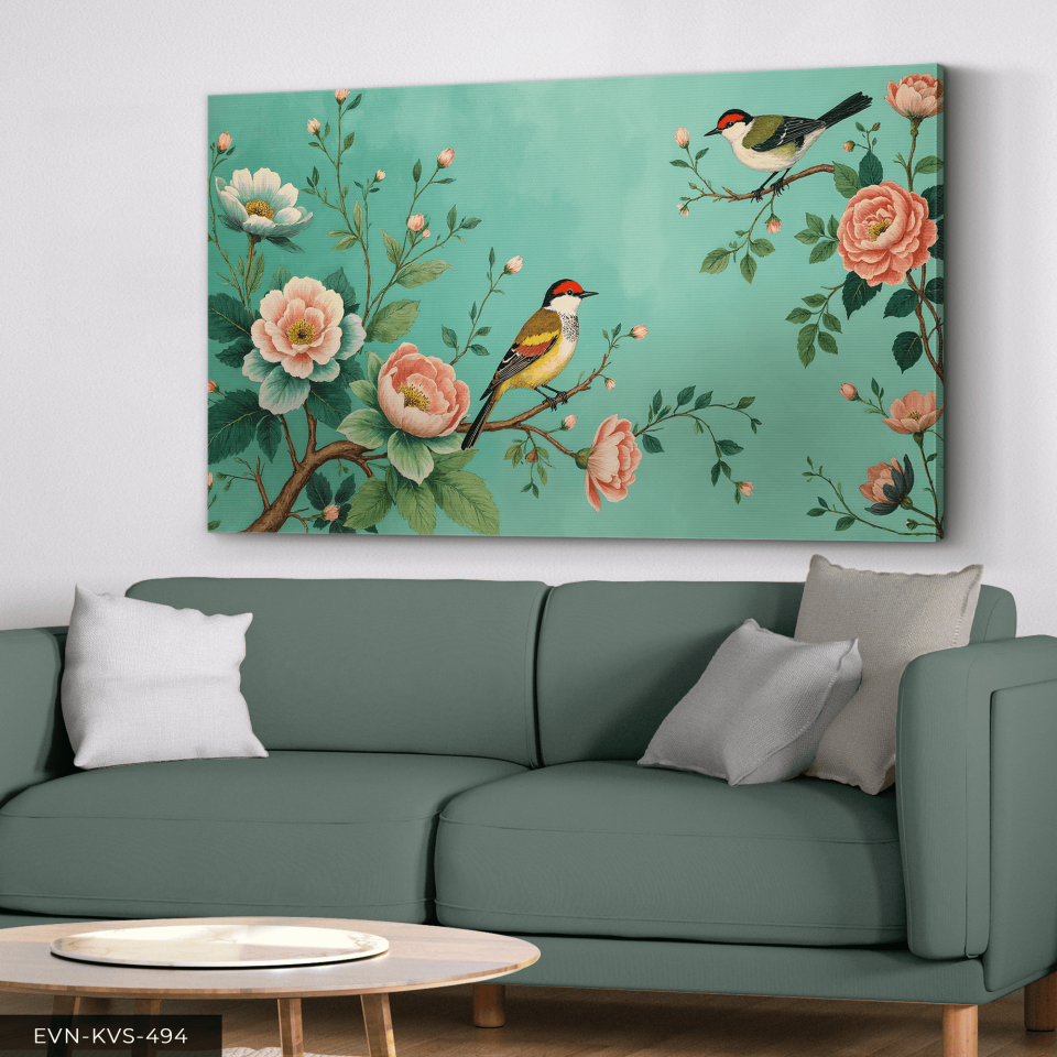 Yağlı Boya Görünümlü Güller ve Kuşlar Tek Parça Kanvas - Canvas Tablo 65 x 45 CM - Çok Renkli