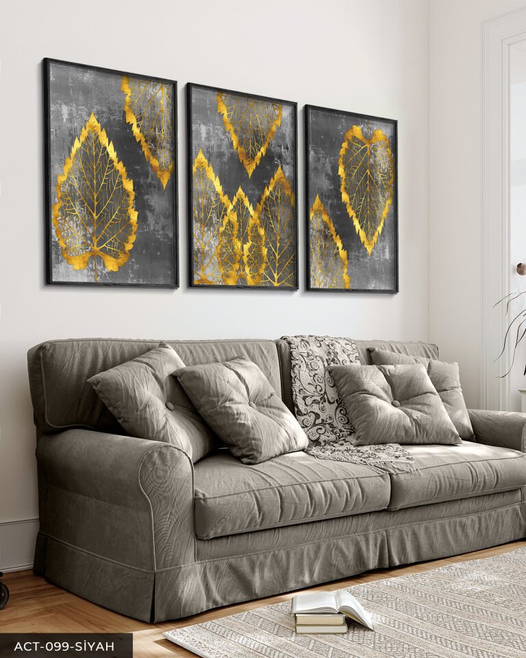Gold Detaylı Yaprak 3 Parça Ahşap Çerçeveli Tablo ACT Siyah - 30 x 40 CM