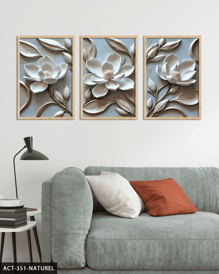 Dokulu Görünüm Beyaz Çiçek 3 Parça Ahşap Çerçeveli Tablo ACT Naturel - 50 x 70 CM