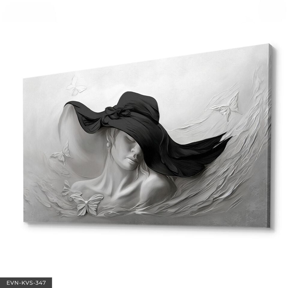Siyah Şapkalı Kadın Yağlı Boya Görünümlü Tek Parça Kanvas - Canvas Tablo 140 x 90 CM - Çok Renkli