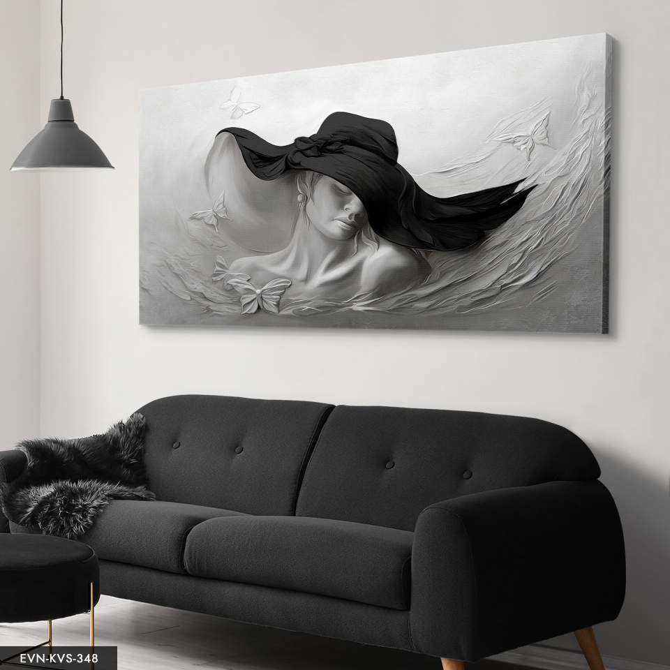 Siyah Şapkalı Kadın Yağlı Boya Görünümlü Tek Parça Kanvas - Canvas Tablo 40 x 30 CM - Çok Renkli