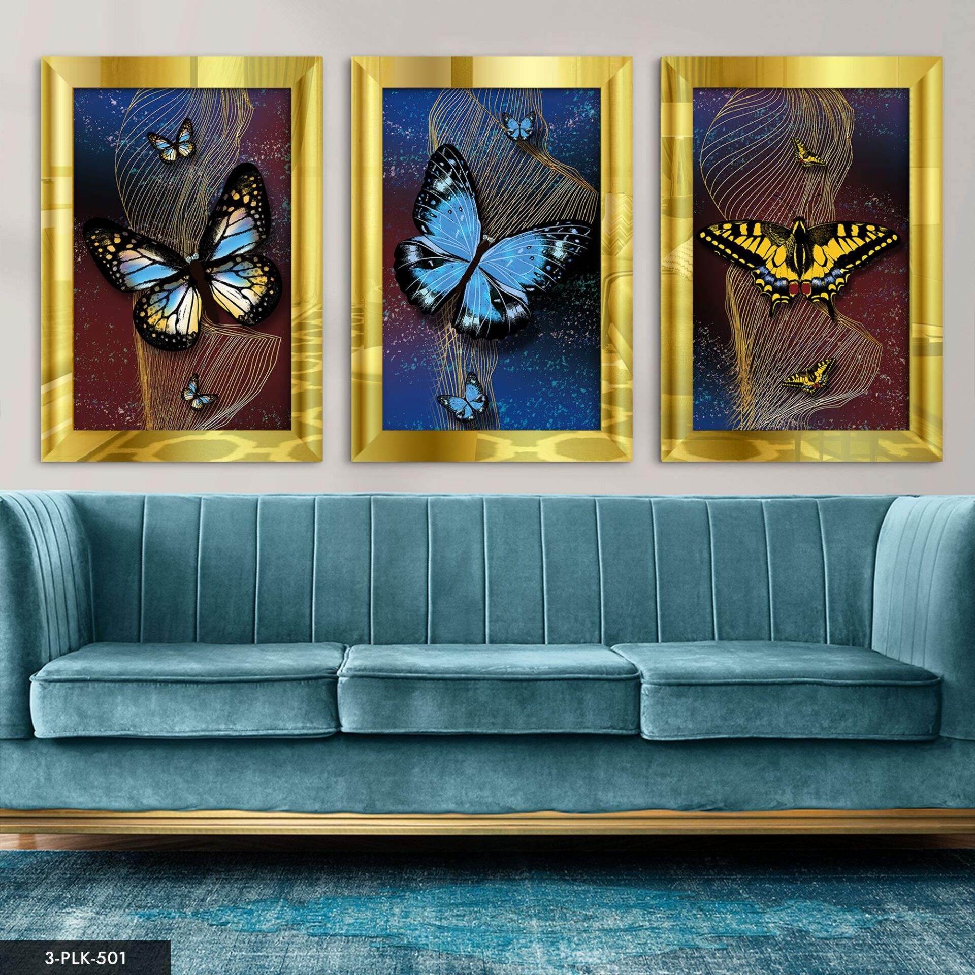 Kelebekler 3 Parça Pleksi Aynalı Tablo 60 x 80 CM - Gold