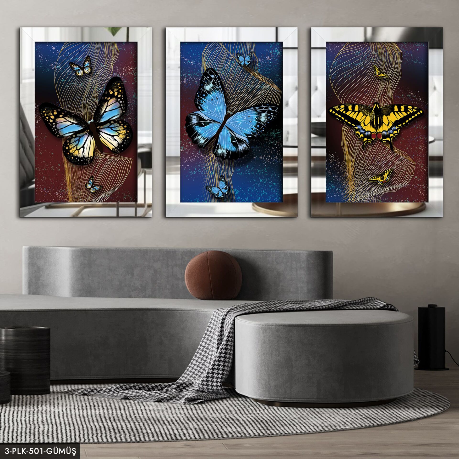 Kelebekler 3 Parça Pleksi Aynalı Tablo 60 x 80 CM - Gümüş