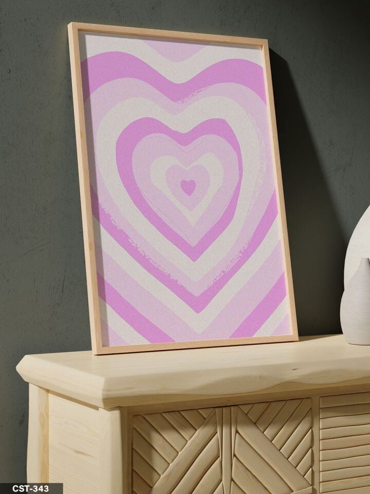 Pembe İç İçe Kalpler Tek Parça Ahşap Çerçeveli Tablo Naturel - 20 x 30 CM