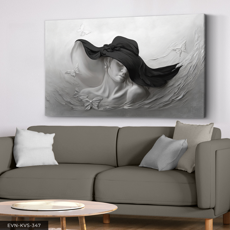 Siyah Şapkalı Kadın Yağlı Boya Görünümlü Tek Parça Kanvas - Canvas Tablo 40 x 30 CM - Çok Renkli