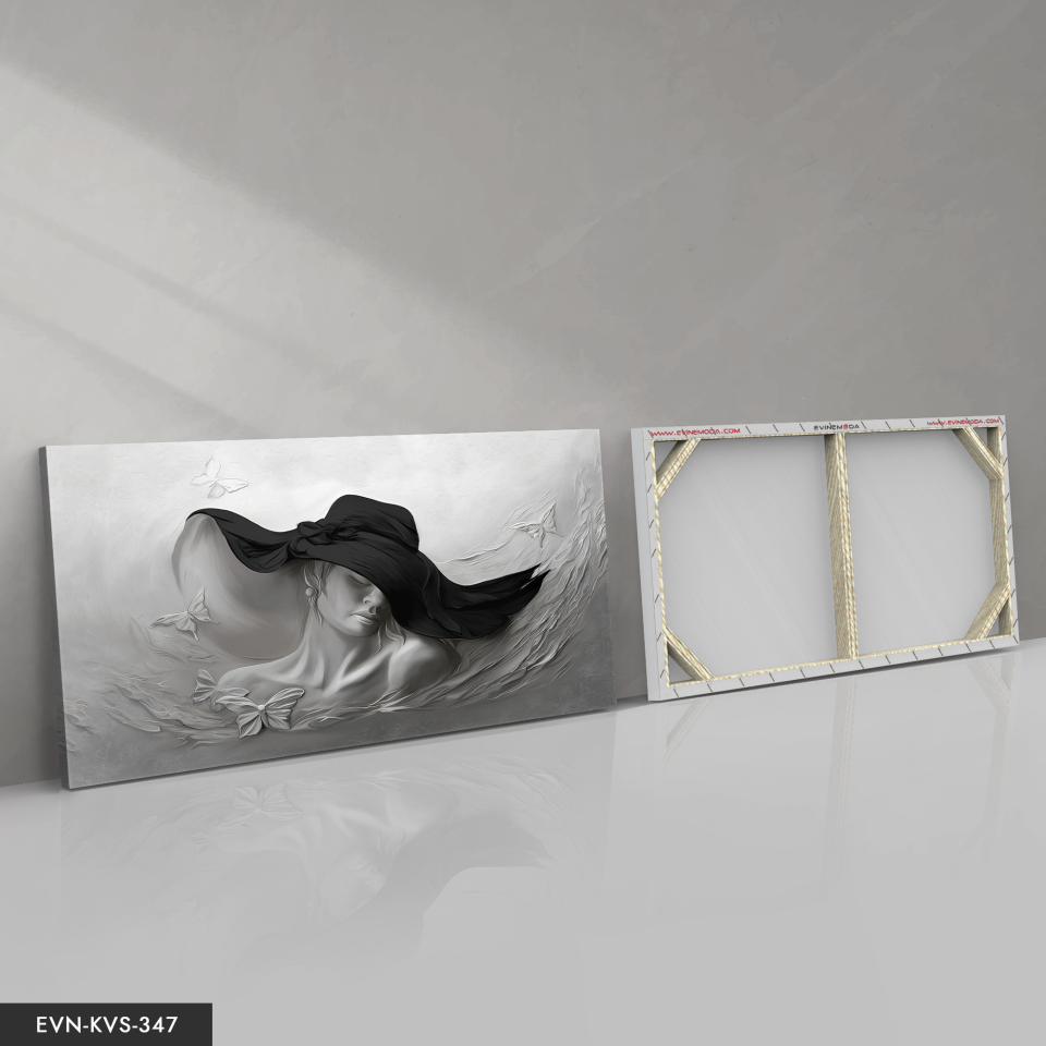 Siyah Şapkalı Kadın Yağlı Boya Görünümlü Tek Parça Kanvas - Canvas Tablo 40 x 30 CM - Çok Renkli