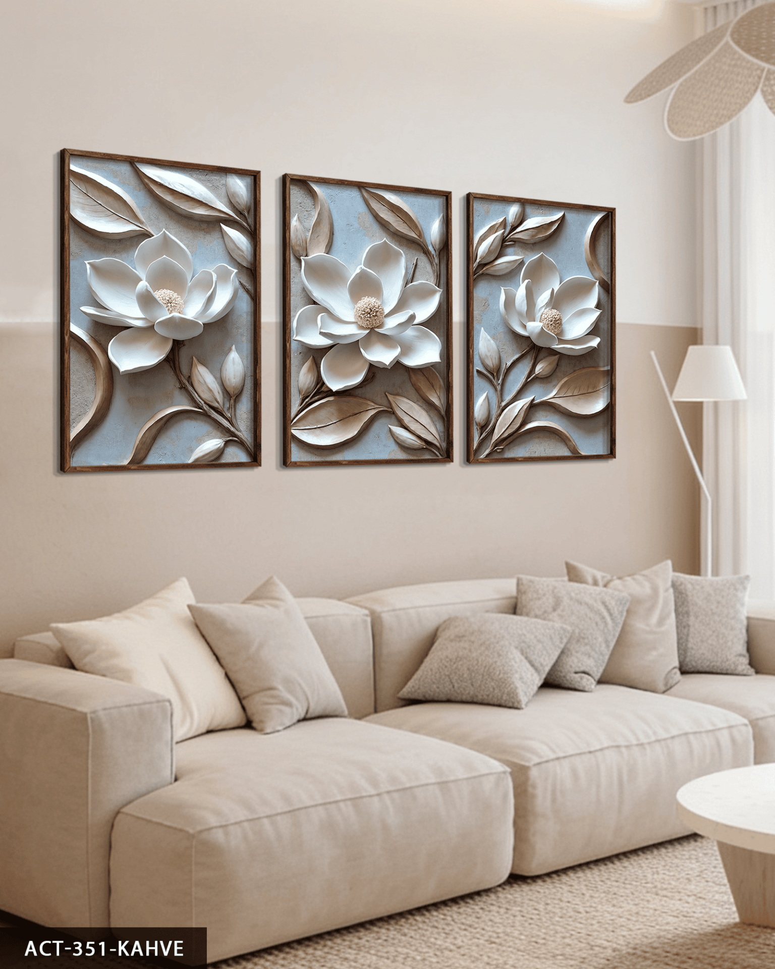 Dokulu Görünüm Beyaz Çiçek 3 Parça Ahşap Çerçeveli Tablo ACT Kahverengi - 30 x 40 CM