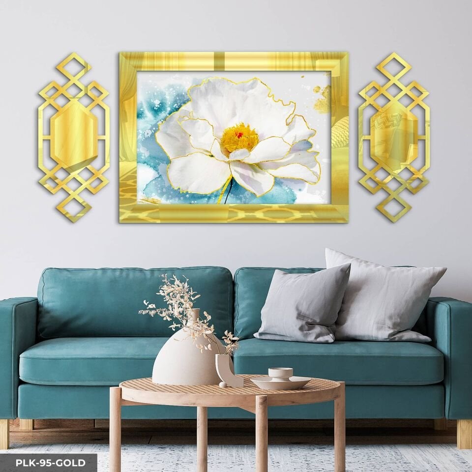 Sulu Boya Görünümlü Beyaz Çiçek Yan Dekorlu 3 Parça Pleksi Tablo DKRPLK 130 x 25 CM - Gold