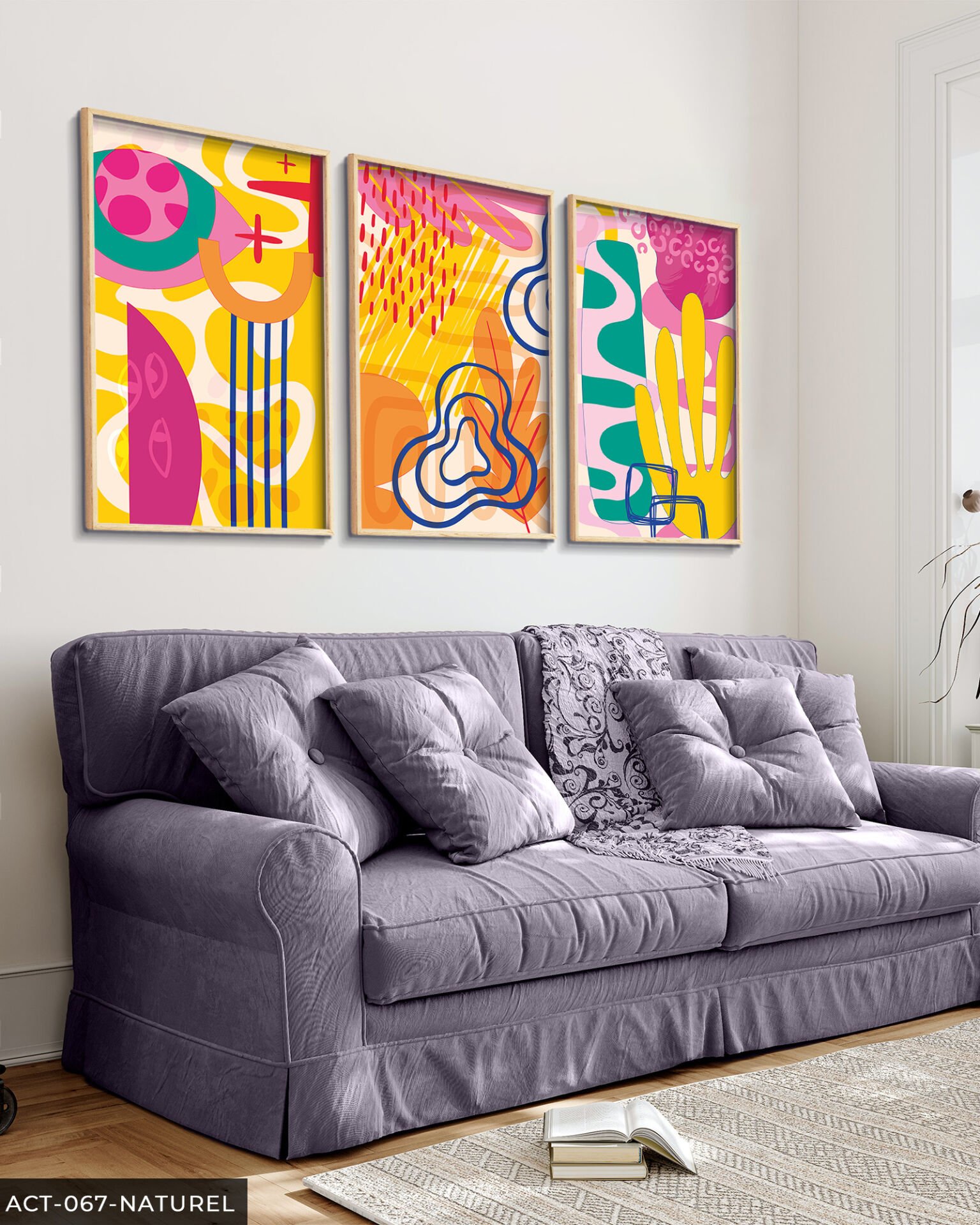 Rengarenk Desenler 3 Parça Ahşap Çerçeveli Tablo Naturel - 20 x 30 CM