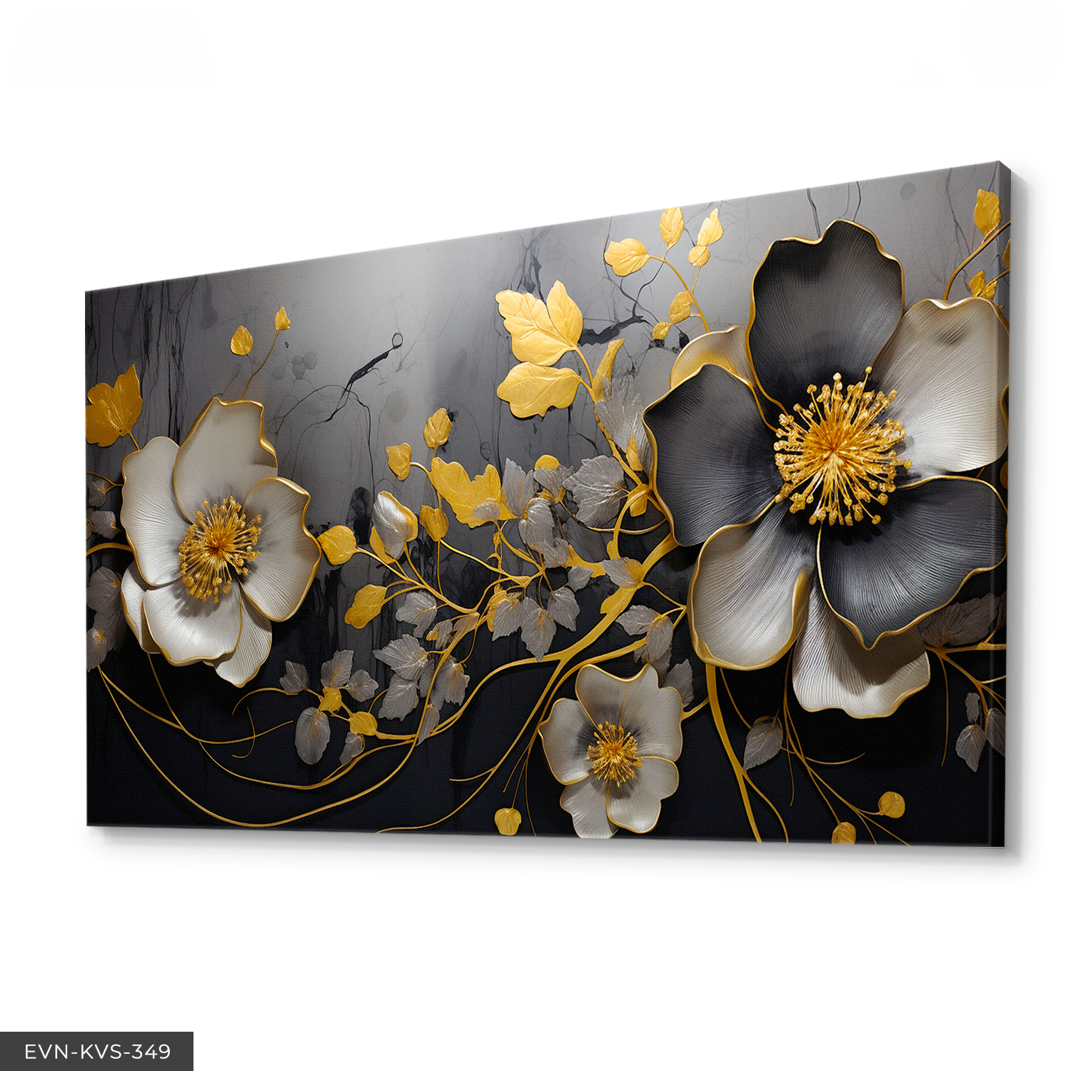 Altın ve Siyah Çiçek Desenli Modern Tek Parça Kanvas - Canvas Tablo 140 x 90 CM - Çok Renkli