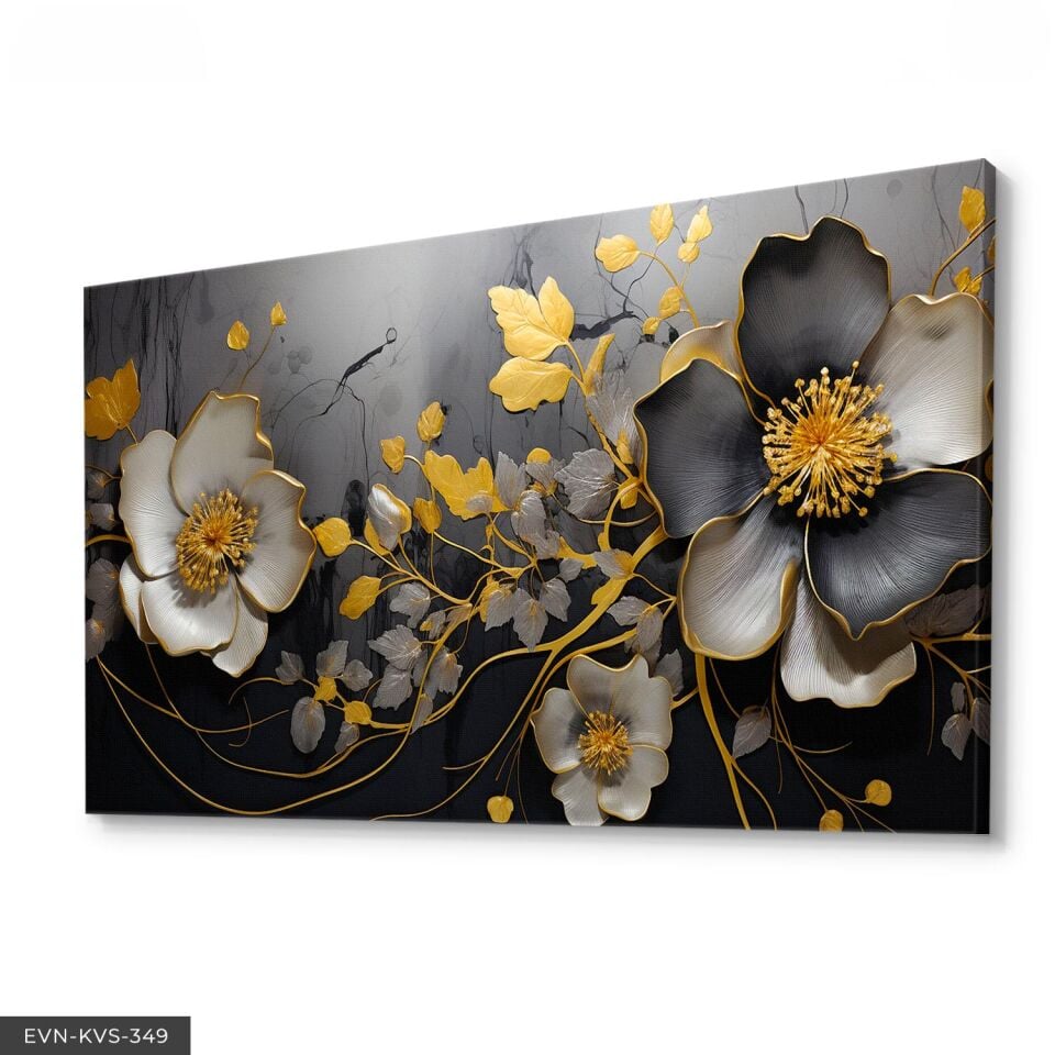 Altın ve Siyah Çiçek Desenli Modern Tek Parça Kanvas - Canvas Tablo