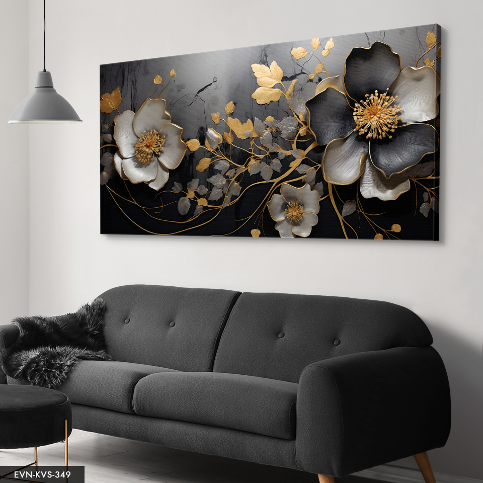Altın ve Siyah Çiçek Desenli Modern Tek Parça Kanvas - Canvas Tablo 140 x 90 CM - Çok Renkli