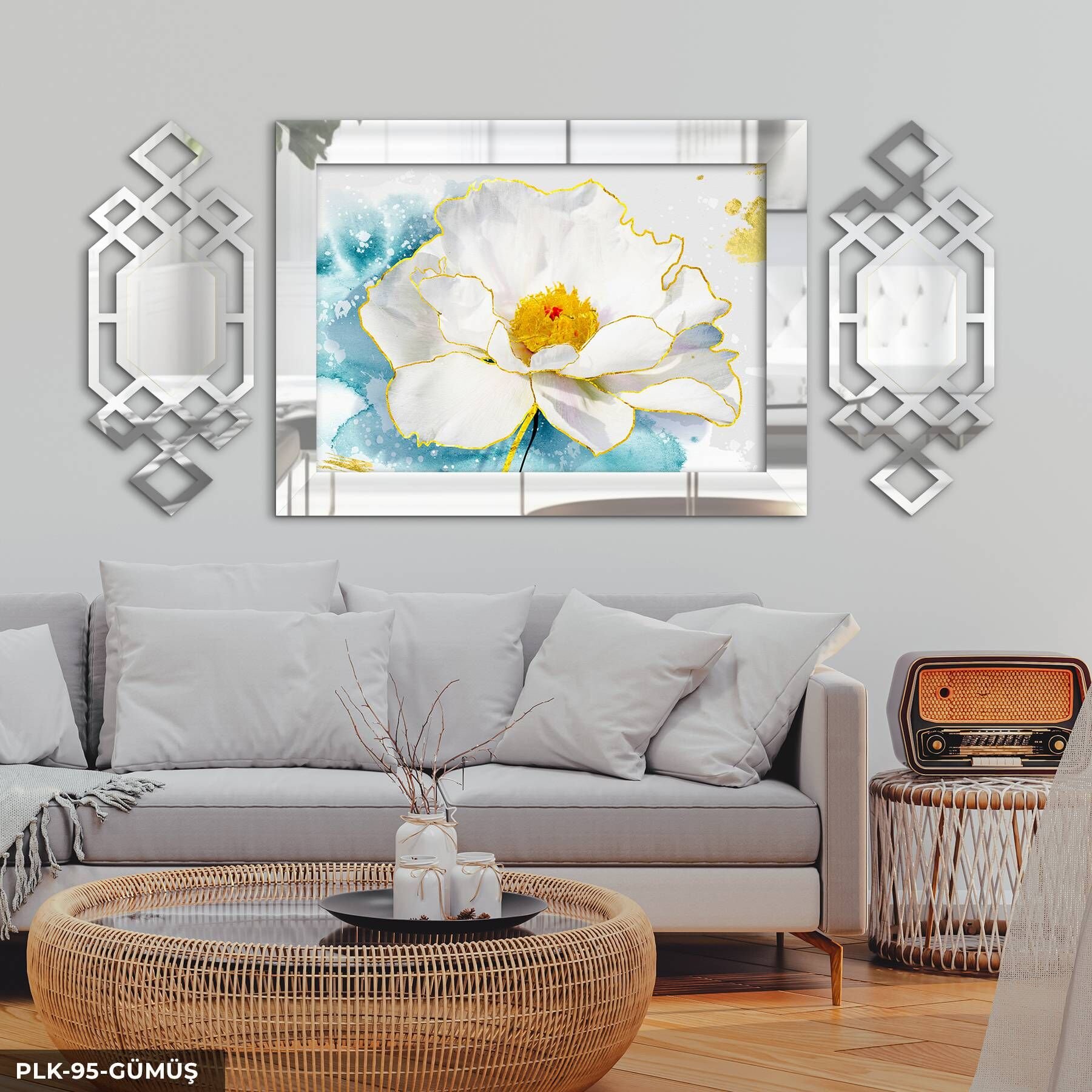 Sulu Boya Görünümlü Beyaz Çiçek Yan Dekorlu 3 Parça Pleksi Tablo DKRPLK 130 x 25 CM - Gümüş