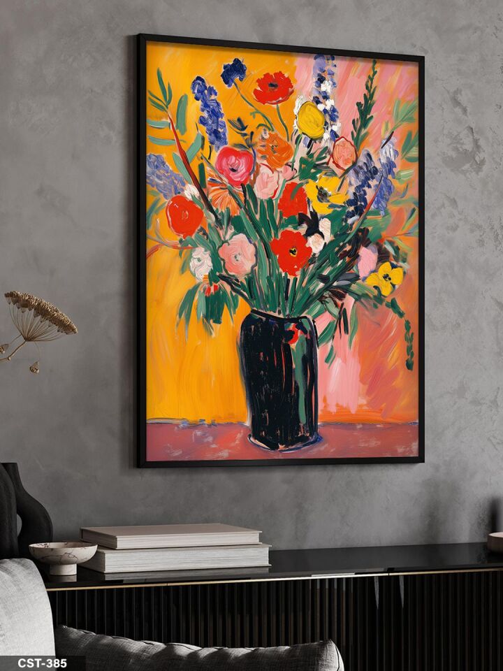 Canlı Renkli Çiçekler Tek Parça Ahşap Çerçeveli Tablo Siyah - 30 x 40 CM