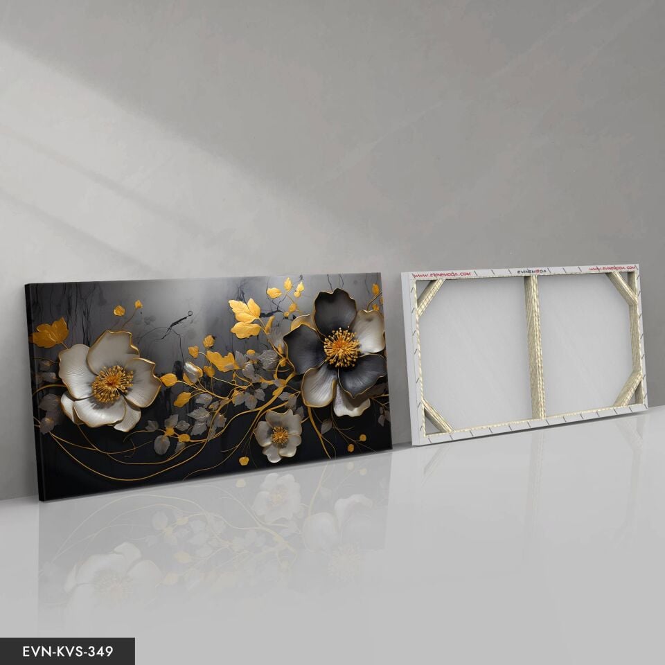 Altın ve Siyah Çiçek Desenli Modern Tek Parça Kanvas - Canvas Tablo