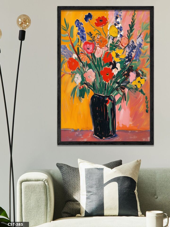 Canlı Renkli Çiçekler Tek Parça Ahşap Çerçeveli Tablo Siyah - 30 x 40 CM