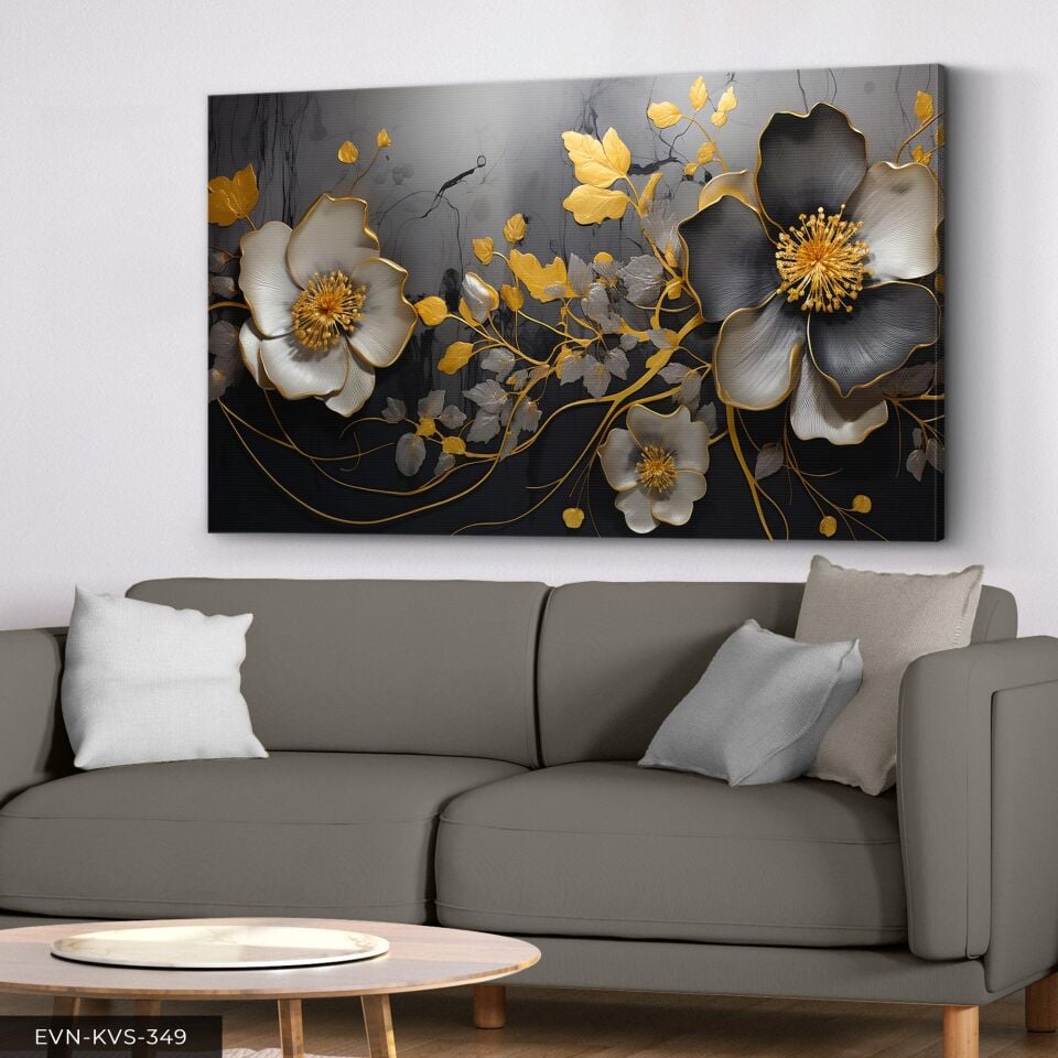 Altın ve Siyah Çiçek Desenli Modern Tek Parça Kanvas - Canvas Tablo