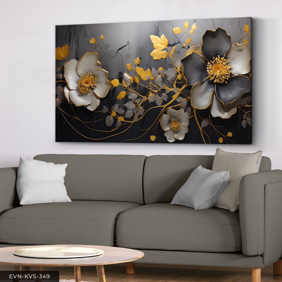 Altın ve Siyah Çiçek Desenli Modern Tek Parça Kanvas - Canvas Tablo 140 x 90 CM - Çok Renkli