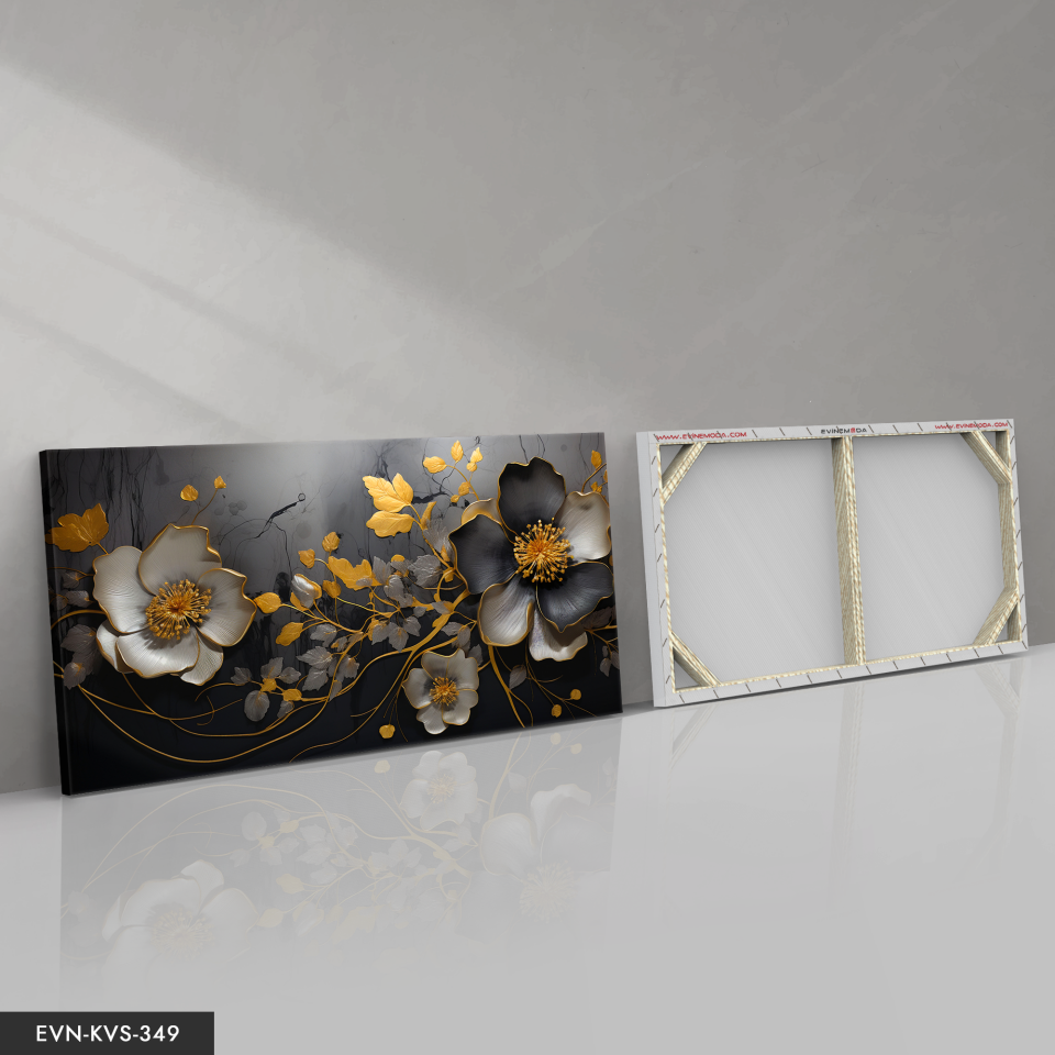 Altın ve Siyah Çiçek Desenli Modern Tek Parça Kanvas - Canvas Tablo 140 x 90 CM - Çok Renkli