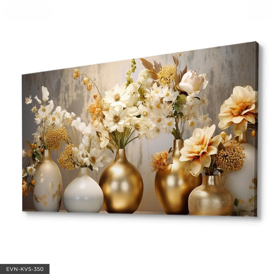 Gold Vazoda Çiçekler Tek Parça Kanvas - Canvas Tablo