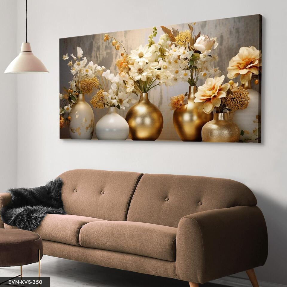 Gold Vazoda Çiçekler Tek Parça Kanvas - Canvas Tablo